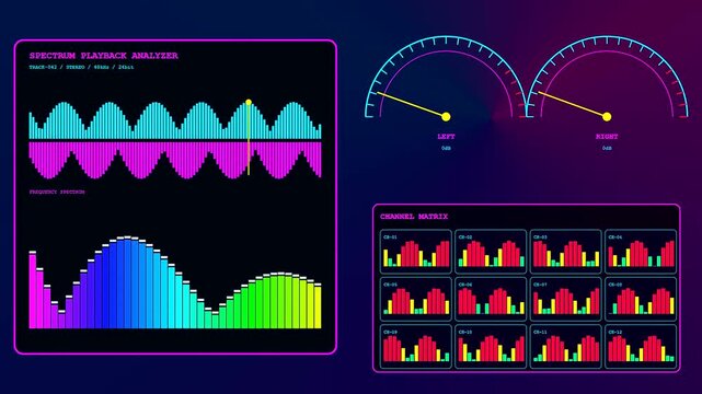 Digital playback analysis interface displays rhythmic audio frequency waves and volume meter levels on a dark screen with neon magenta bars moving in real time motion