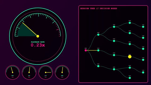 Dynamic playback analysis shown through vibrant digital user interfaces displaying evolving node tree branching patterns on a dark screen with glowing circular gauge visual system elements