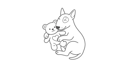 Fototapeta premium Bull terrier dog cuddling a teddy bear toy in a simple line art vector style