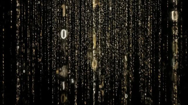 falling golden binary code numbers on black background, concept of programming, cybersecurity and digital data