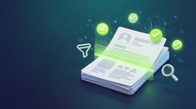 Resume documents with glowing scan beam and checkmarks symbolizing ATS recruitment concept