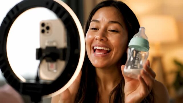smiling mother influencer holding baby feeding bottle while recording smartphone video with ring light