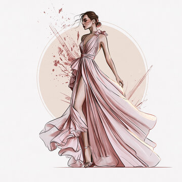 Woman wearing a stylish light pink dress with high slit and ruffles, posing with artistic watercolor texture and abstract splashes