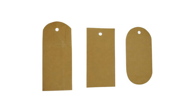Three brown cardboard paper price tags with holes for strings isolated on transparent background
