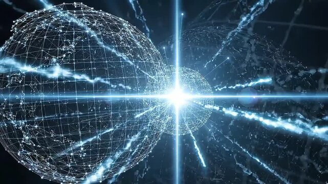 Futuristic quantum computing background with glowing light beams particle sphere and data transfer.