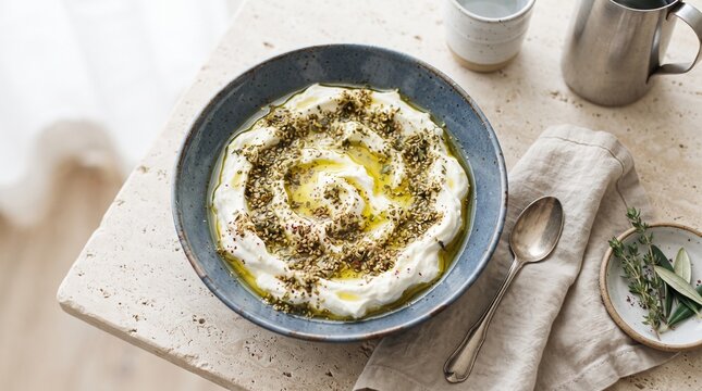 Lebanese labneh za'atar vegetarian flat lay food photography image