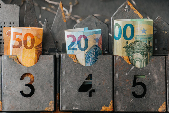  cash gift. Christmas Calendar.Euro Banknotes Stored in Metal Numbered Storage Drawers.Advent Calendar With Euro Banknotes 