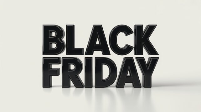 Bold black friday three-dimensional text letters standing on reflective white surface for retail shopping sales promotion and seasonal discount marketing event concept
