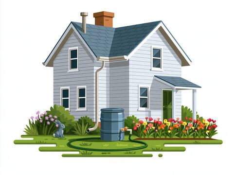 Digital illustration of a quaint two story home with rain barrel, flower garden, and rabbit outdoors