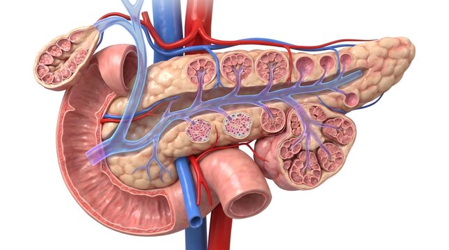 Detailed 3D rendering of the human pancreas and duodenum with blood vessels and ducts.