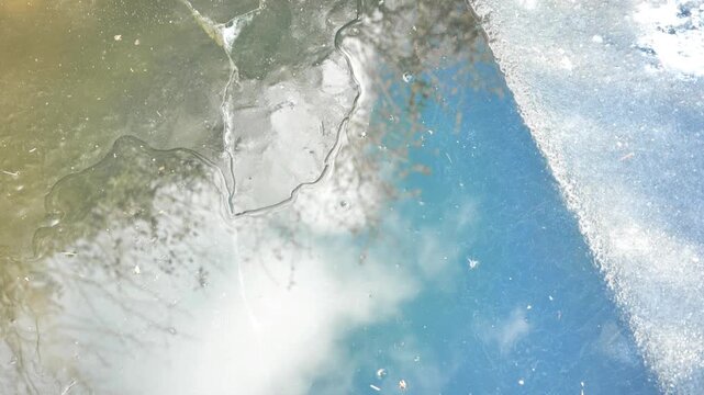 cold water and frosts.Ice texture with delicate cracks, bubbles and snow texture in natural daylight. 4k footage