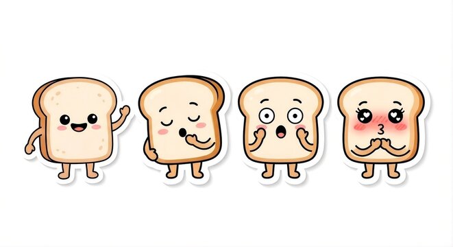 Cute cartoon bread character set, funny toast expressions, kawaii food illustration