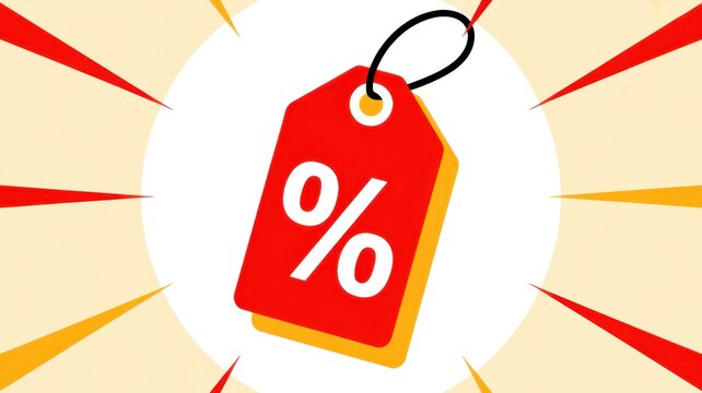 Bright red sale tag with white percentage symbol isolated on a light cream background, with radiating sunburst, lines for retail, marketing and promotional, shopping events