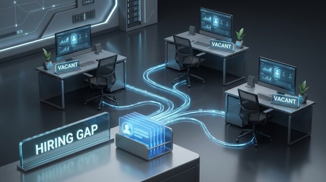 Futuristic modern office interior featuring vacant workstation desks and glowing digital cables representing hiring gap concepts