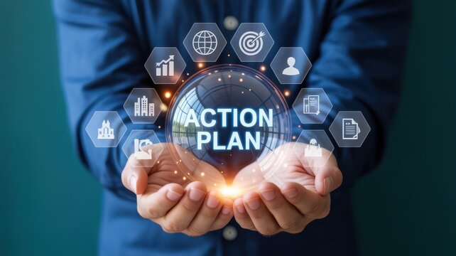 Business person holding glowing digital orb with action plan text and surrounding for strategic management, corporate goal setting, and development plan