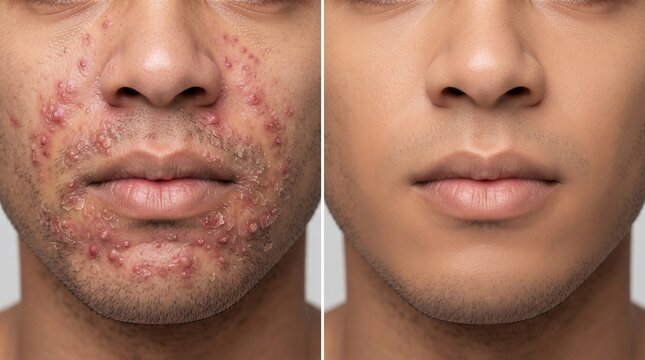 Severe cystic acne and pimples treatment before and after comparison on lower face of a man