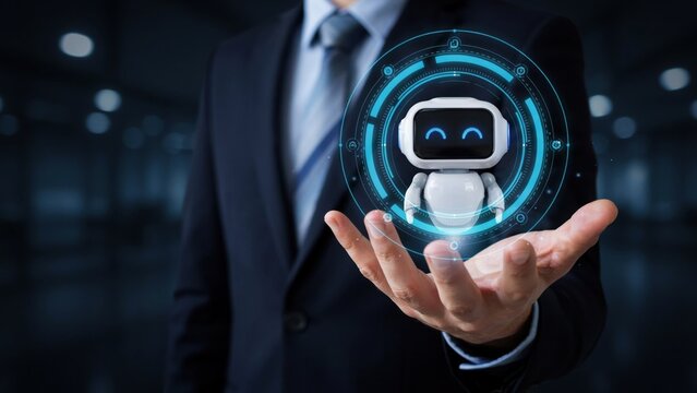 Business person in a formal suit holding a small cute white robot character inside a glowing blue digital circle interface representing artificial intelligence and innovation