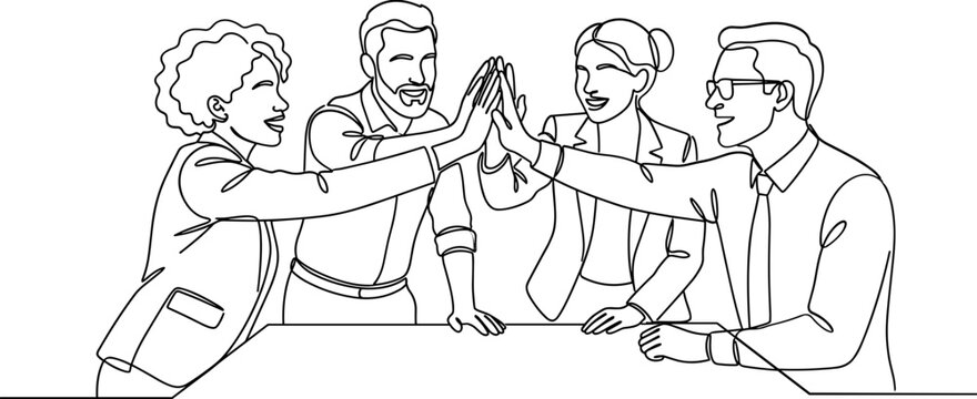 Line art illustration of four business people doing high five team spirit.