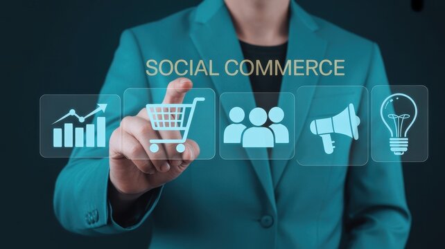 Business person interacting with a social commerce digital interface featuring shopping cart and marketing on a dark background, for modern e-commerce strategy