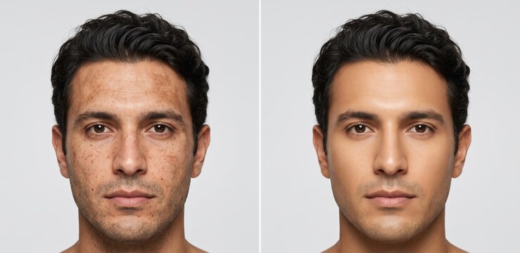 Man face melasma sun damage and freckles pigmentation treatment before and after