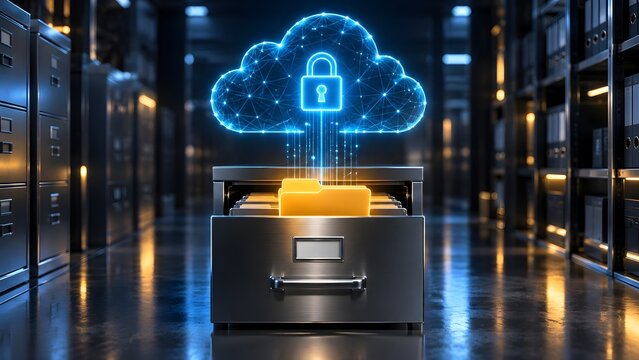 Glowing blue cloud computing security padlock icon hovering above physical file cabinet drawer representing digital data protection