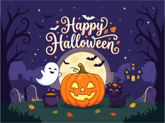 Fototapeta premium Happy Halloween Night Scene with Pumpkin Ghost and Black Cat Vector Illustration