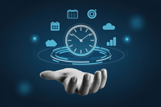Business productivity and time management concept with floating clock and digital symbols hovering over an open human hand against a dark blue background, with bokeh