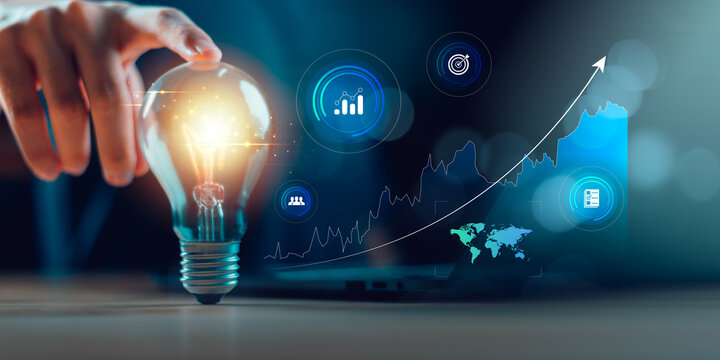 Business strategist develops innovative growth strategy using performance analytics, market insights, financial forecasting, strategic planning, digital transformation, data driven decision making.
