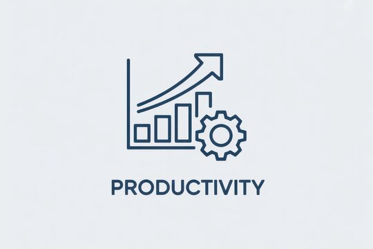 Business productivity concept showing a rising bar chart with an upward trend arrow and a gear cogwheel, presented in a clean line style on a light background
