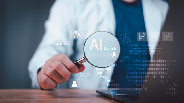 AI researcher uses intelligent search technology for information retrieval, semantic search, knowledge discovery, voice queries, document analysis, data exploration, automated research workflows.
