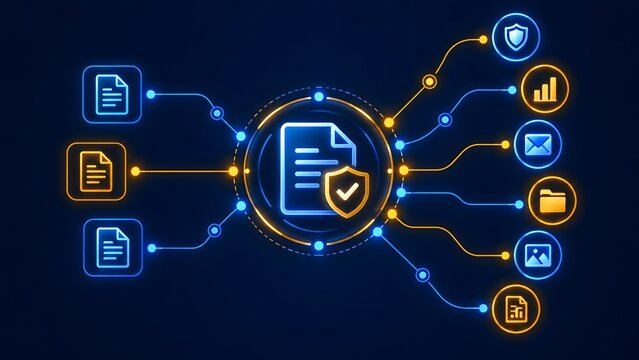 Glowing digital document with security shield connected to data network nodes representing secure file management and workflow automation