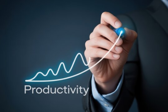 Businessman a glowing upward trend line on a dark background, to represent business, productivity growth, success, and positive financial, development in the workplace