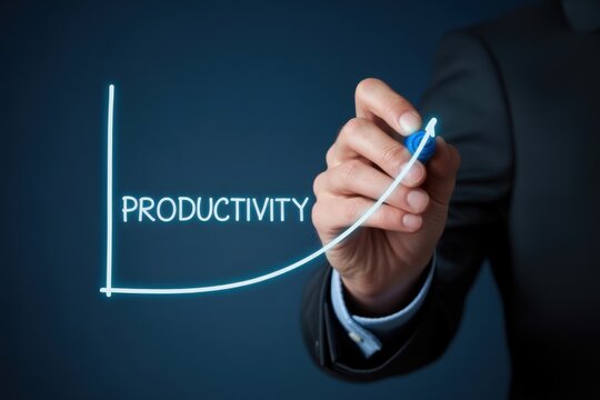 Businessman an upward trending arrow on a virtual screen with the word productivity representing business growth and performance improvement in the workplace