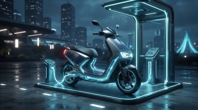 Future Automatic Electric Scooter with Integrated Solar Charging Panels and Ice Blue Energy Technology