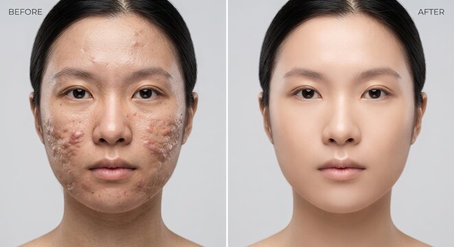 Asian woman face with severe cystic acne breakouts and pimples treatment before and after
