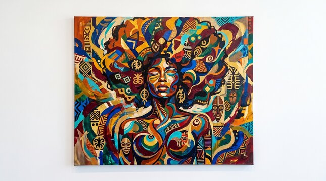 Vibrant African Woman Portrait with Tribal Patterns and Masks
