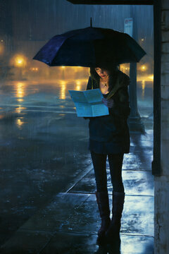 Realistic  woman reading a city map beneath an umbrella on a rain-soaked city street at night