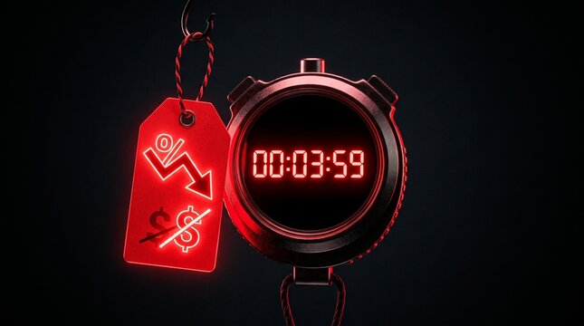 Red neon sale tag with percentage down arrow and crossed out dollar sign next to a digital stopwatch showing 00 03 59
