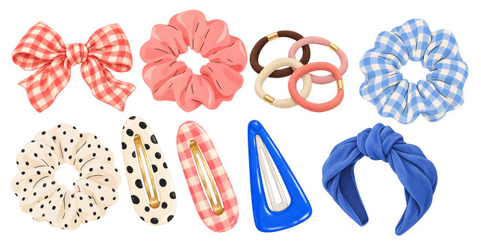 Colorful Gingham Hair Accessories Collection | Scrunchies, Hair Clips, Bow & Headband PNG