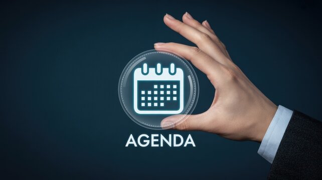 Businessman holding a glowing digital sphere containing a calendar representing business agenda, planning, scheduling, and time management in a corporate environment