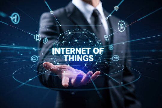 Businessman holding a glowing digital sphere representing the internet of concept with interconnected network and data points in a futuristic virtual interface