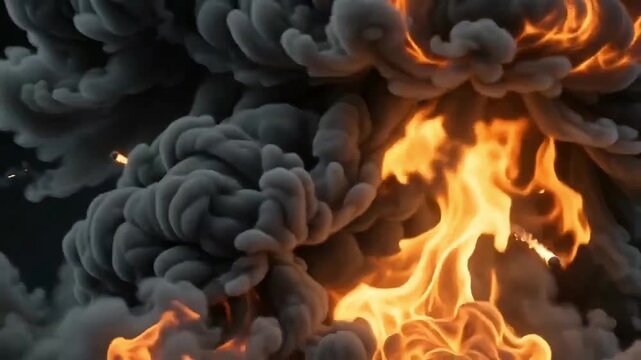 Explosion animation background with massive fiery blast, dark billowing smoke clouds, and glowing flying debris video