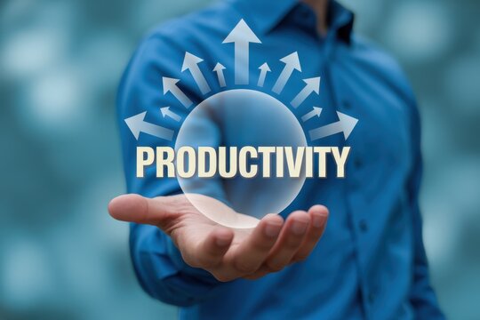 Businessman holding a glowing sphere with productivity text and upward arrows representing business growth and efficiency in a corporate office environment