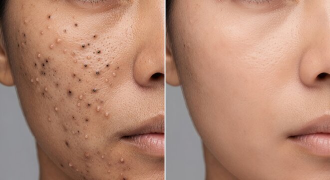 Woman face before and after severe blackheads comedones and enlarged pores extraction