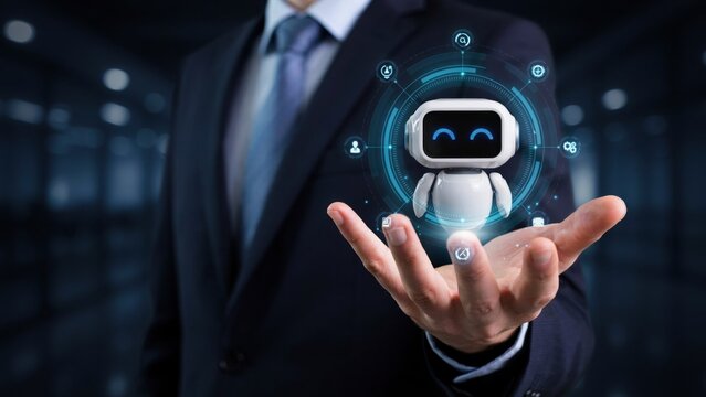 Businessman holding a small cute digital robot assistant in his hand with glowing blue interface for artificial intelligence and modern technology business solutions