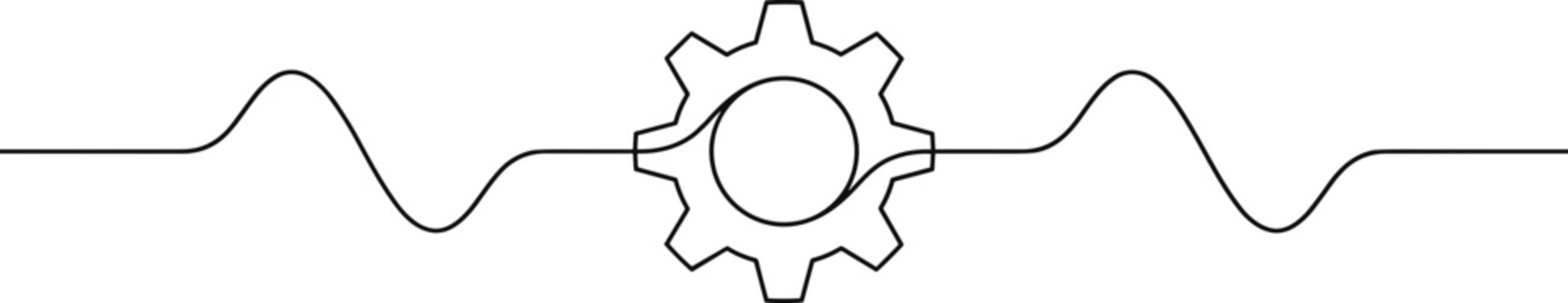A continuous line art drawing of a gear intertwined with a sinusoidal wave symbolising mechanical engineering and frequency.