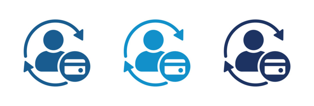 Subscription management icons showing user profile with credit card and recurring payment arrows.