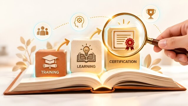 Open book with educational blocks and a magnifying glass focusing on certification and learning concepts