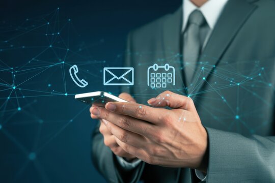 Businessman holding a smartphone with digital communication including a telephone, email envelope, and calendar floating above the screen in a dark blue network