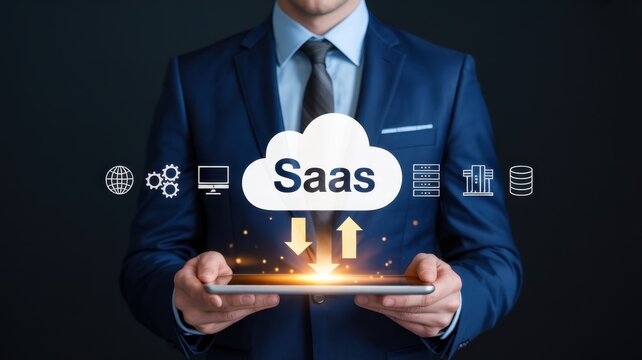 Businessman holding a tablet with a glowing cloud and saas text representing software as a service and digital transformation for modern corporate business